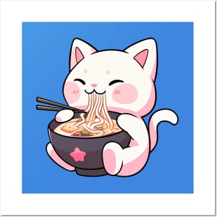 Cute Kawaii Cat eating Ramen - Anime Shirt Posters and Art